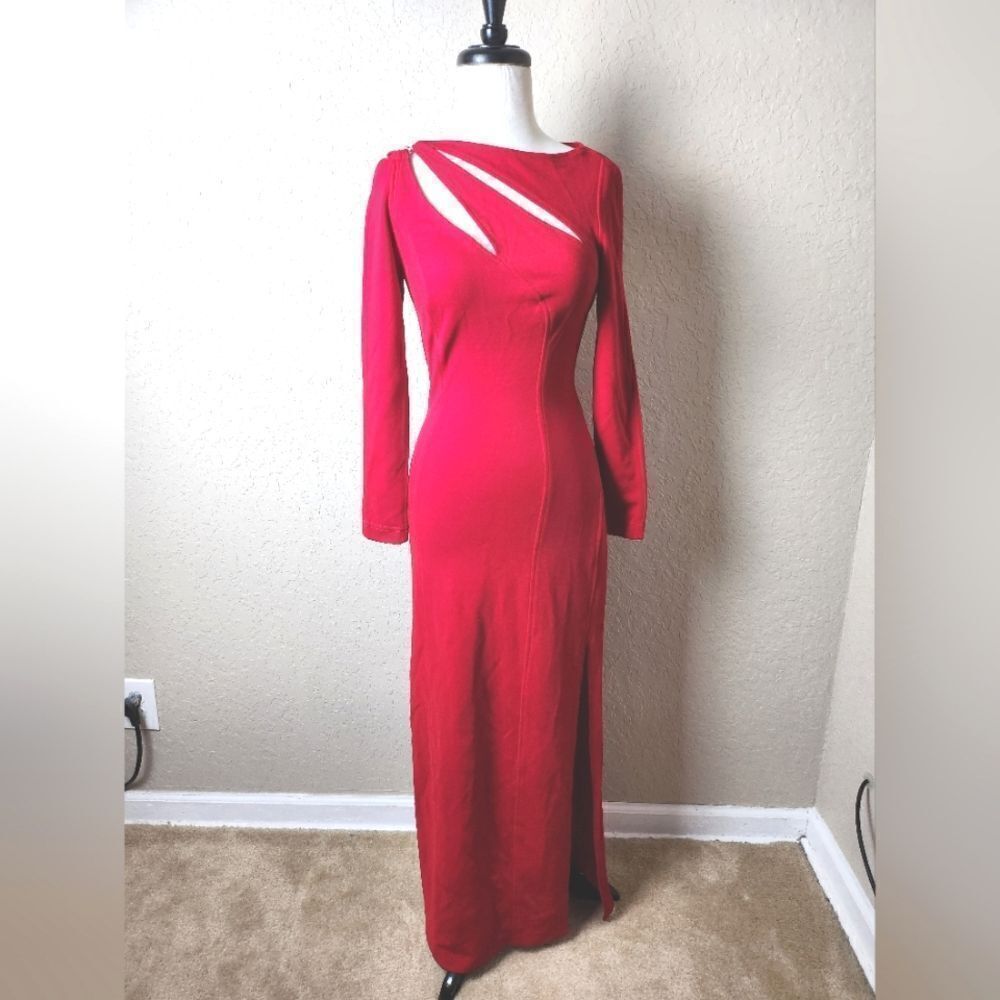 Vintage Tadashi Cutout Rhinestone Bodycon Maxi Gown Side Slit Red Dress